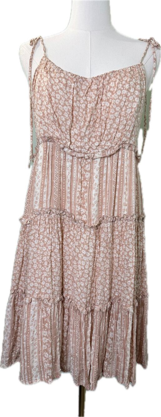 ILLA ILLA Floral/Striped Babydoll Spaghetti Strap Ruffled Seams Sun Dress, Large